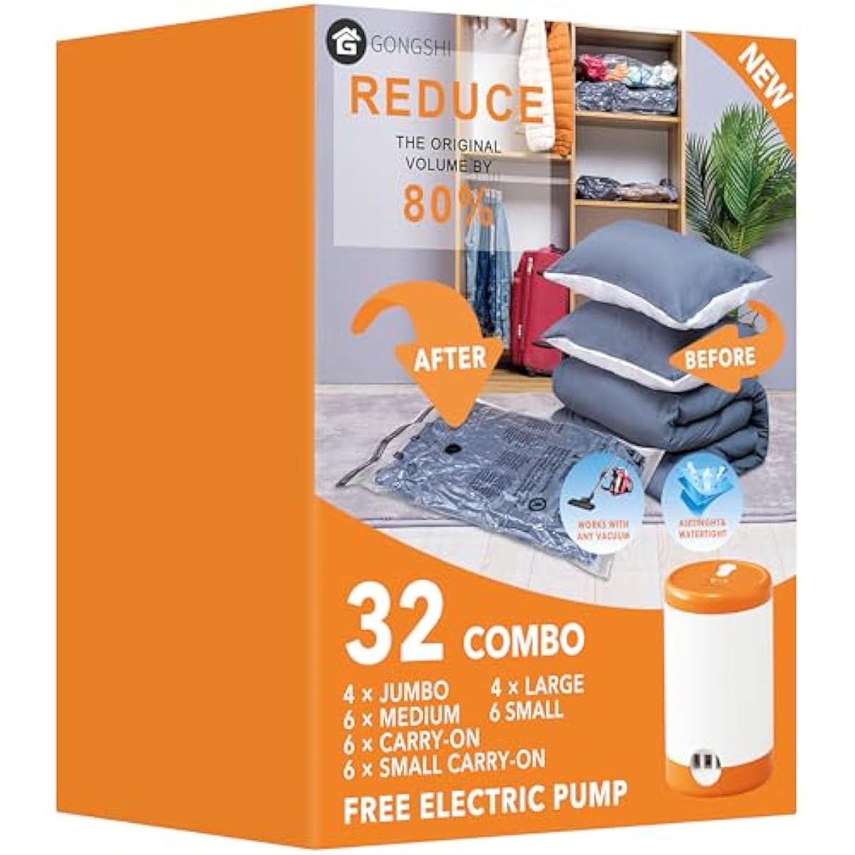 GONGSHI Vacuum Storage Bags, Space Saver Bags for Clothing,Blankets,Comforters, Pillows, Clothes,Travel,32 Combo-EPUMP