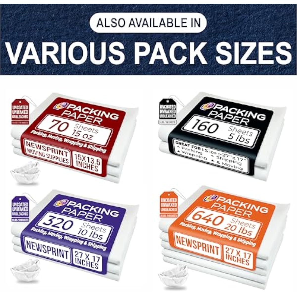 Purple Papers White Bulk Packing Paper | 320 sheets | 27" x 17" | 10 lb | Sheets for Moving - Newsprint Paper - Must Have in Your Moving Supplies | Newsprint Papers | Packaging Paper