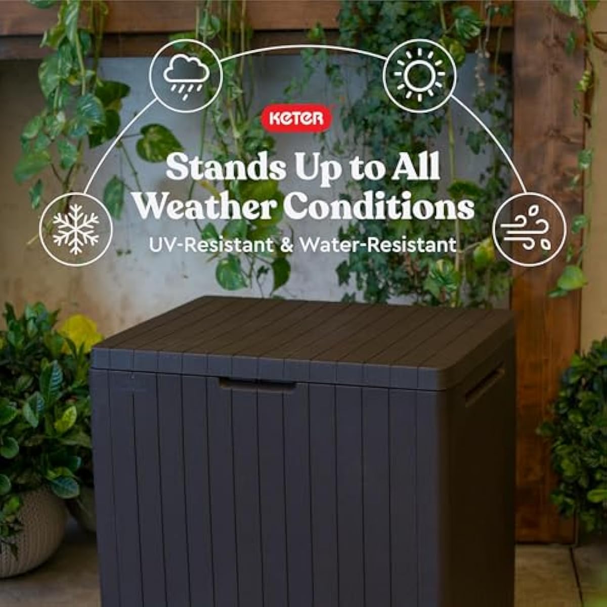 Keter City 30 Gallon Resin Outdoor Storage Box and Patio Furniture Side Table for Pool and Garden Accessories, Brown