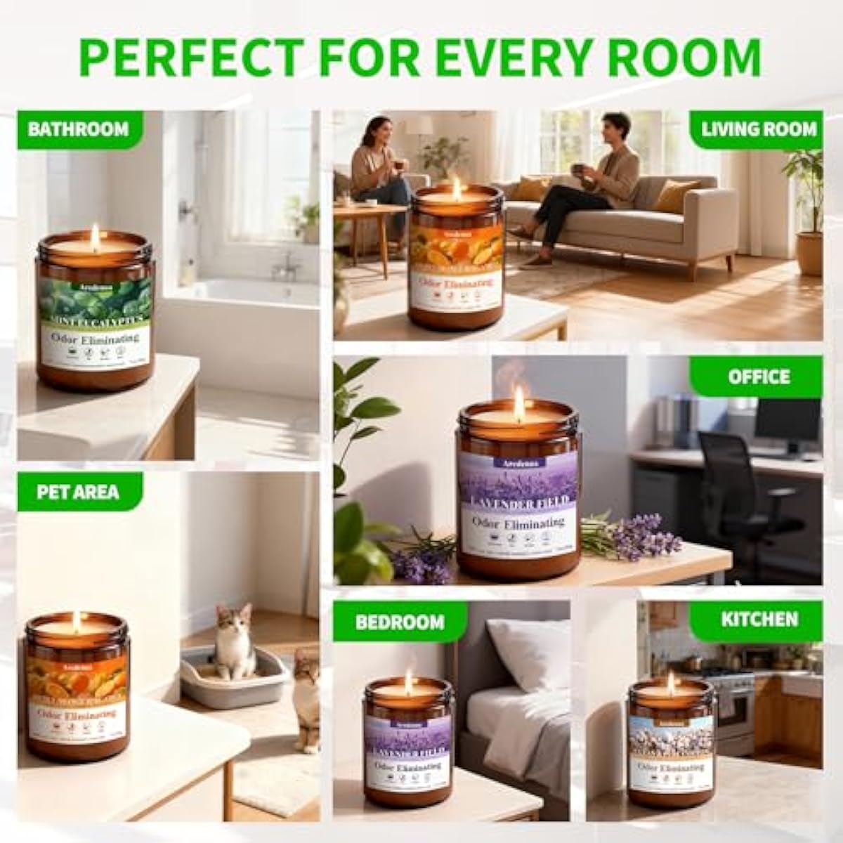 4 Pack Odor Eliminating Candles Set - Eliminates 95% of Pet, Smoke, Food & Other Smells - Hand Poured Non-Toxic Soy Candle, Air Freshing Scent of Lavender/Orange/Mint/Cotton - Gifts Set for Women