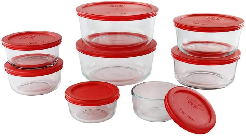 Pyrex Simply Store (9-Pack) Mixed Sized Glass Food Storage Set, Round & Rectangular Containers With Plastic Lids, BPA-Free, Dishwasher & Microwave Safe