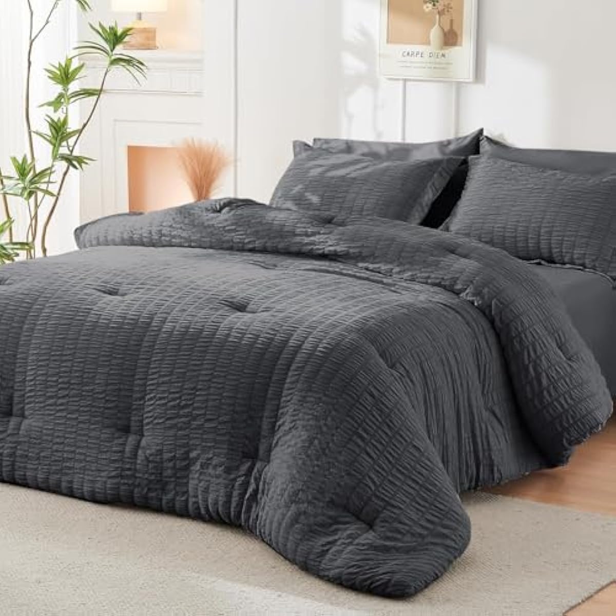 HYMOKEGE Queen Comforter Set Seersucker 7 Pieces, All Season Luxury Bed in a Bag for Bedroom, Bedding Set with Comforters, Sheets, Pillowcases & Shams, Dark Grey
