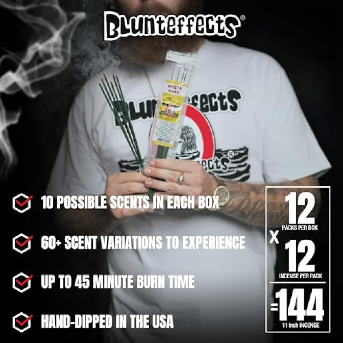 Blunteffects Hand-Dipped Incense Sticks - Premium 144-Pack Variety Set, 12 Different Scents, 11" Long, USA-Made Aromatherapy with Long Burn Time (12 Pack, 144 Total Sticks)
