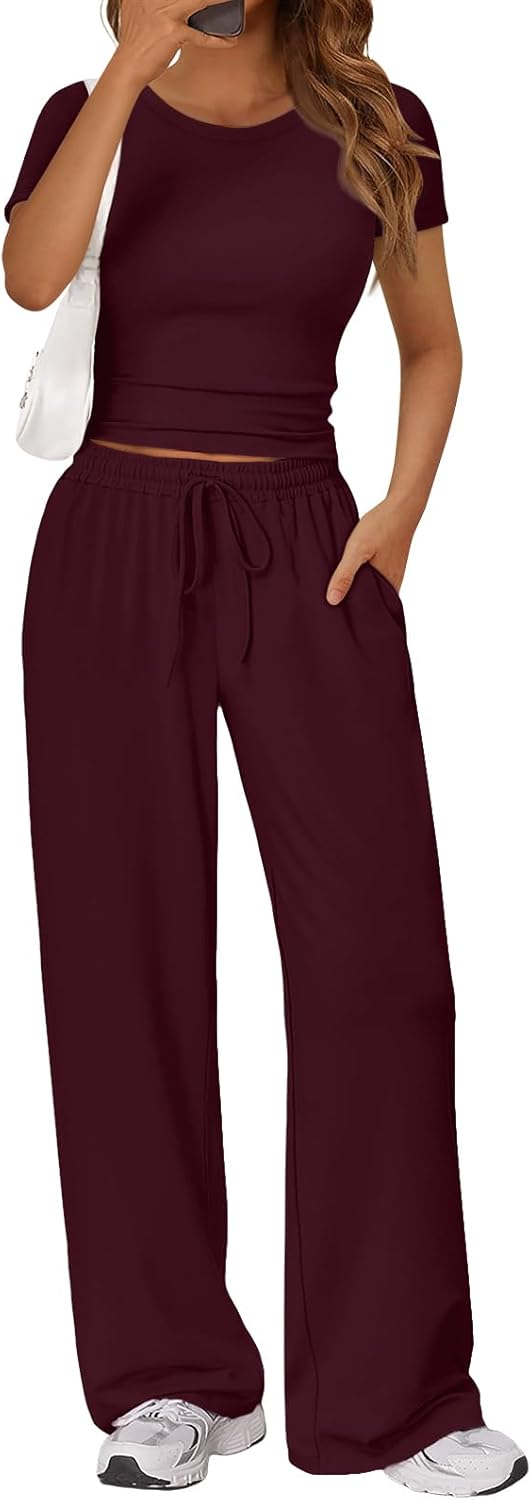 Trendy Queen 2 Piece Matching Summer Sweatsuit Lounge Set Womens Wide Leg Pants Side Ruching Crop Top Sets