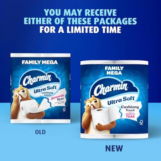 Charmin Ultra Soft Cushiony Touch Toilet Paper, 24 Family Mega = 123 Regular Rolls, White