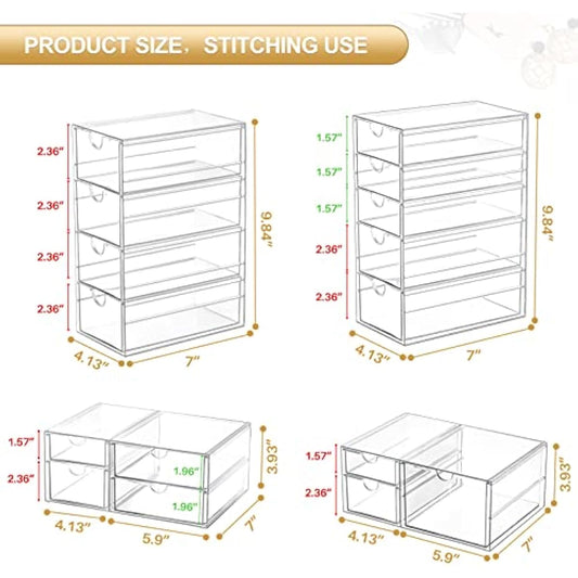 Makeup Organizer Storage with 16 Drawers, 4 Pcs Desktop Office Supplies, Desk Organizers, Clear Accessories, Dustproof Storage Drawer and for Make Up, Jewelry, Pen, Stationary
