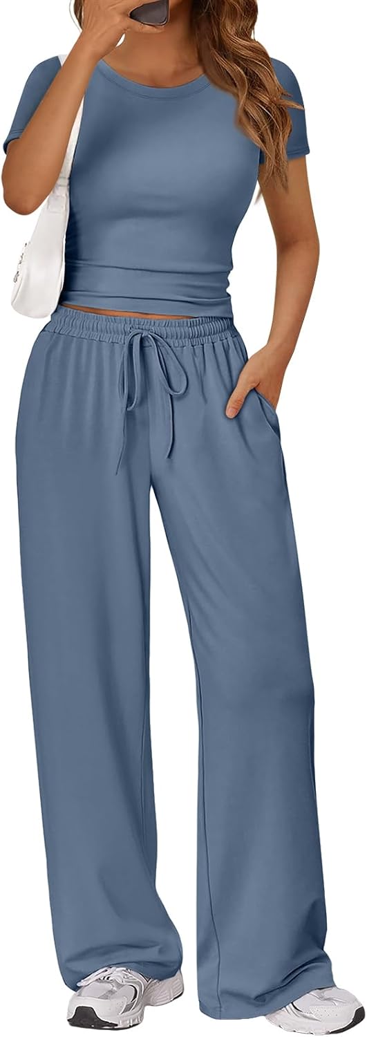 Trendy Queen 2 Piece Matching Summer Sweatsuit Lounge Set Womens Wide Leg Pants Side Ruching Crop Top Sets