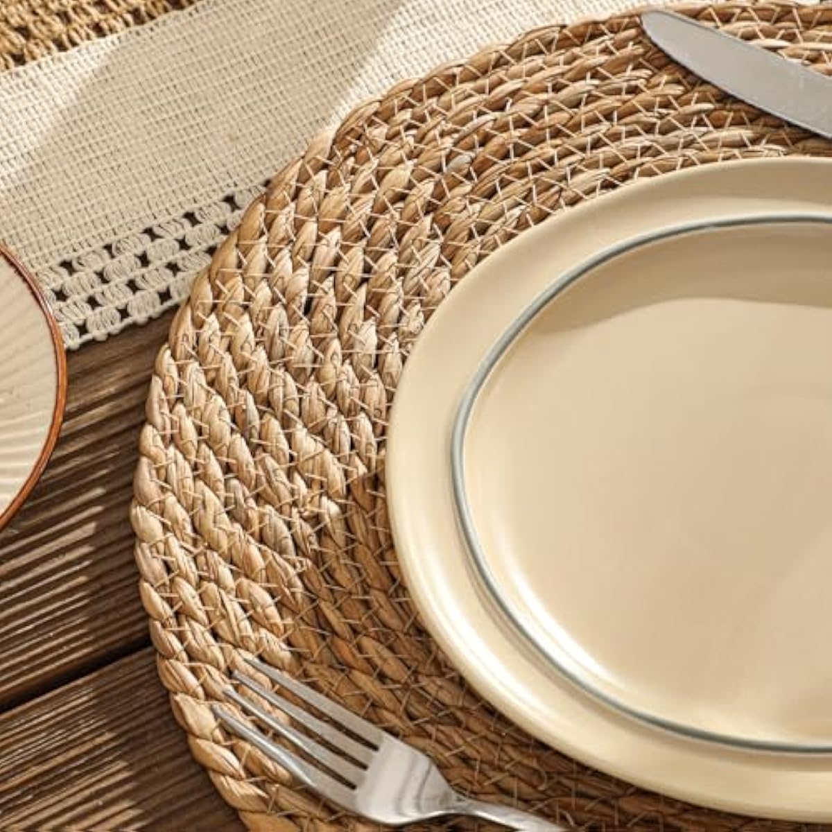 13.8'' Round Woven Placemats Set of 12, Boho Rattan Chargers for Dinner Plates, Rustic Wicker Place Mats, Straw Braided Table Placemats, for Dining Table Decor, Wedding, Farmhouse and Outdoor