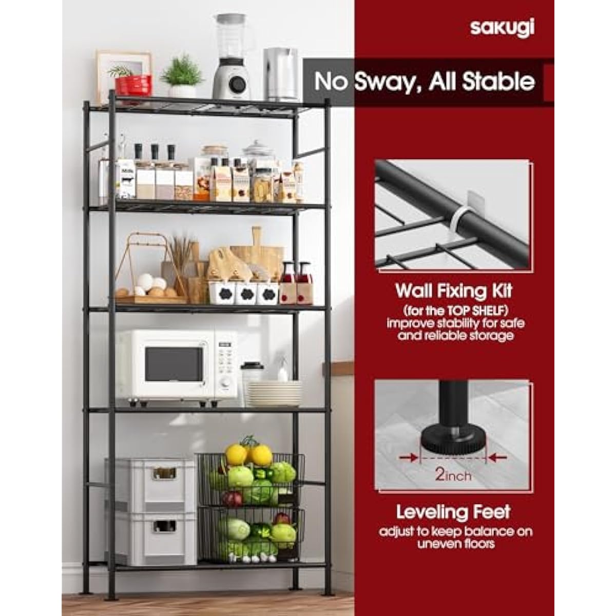 Storage Shelves - 5 Tier Shelf Organizer, Heavy Duty Garage Shelving Unit with Leveling Feet, Stable Metal Shelves Organizer for Pantry, Kitchen and Closet, 33.0" W x 12.6" D x 72.0" H, Black