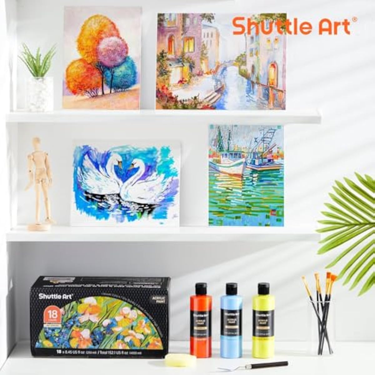 Shuttle Art 18 Colors Acrylic Paint Bottle Set (250ml/8.45oz), Rich Pigmented Bulk Painting Supplies for Artists, Beginners and Kids on Rocks Crafts Canvas Wood Ceramic