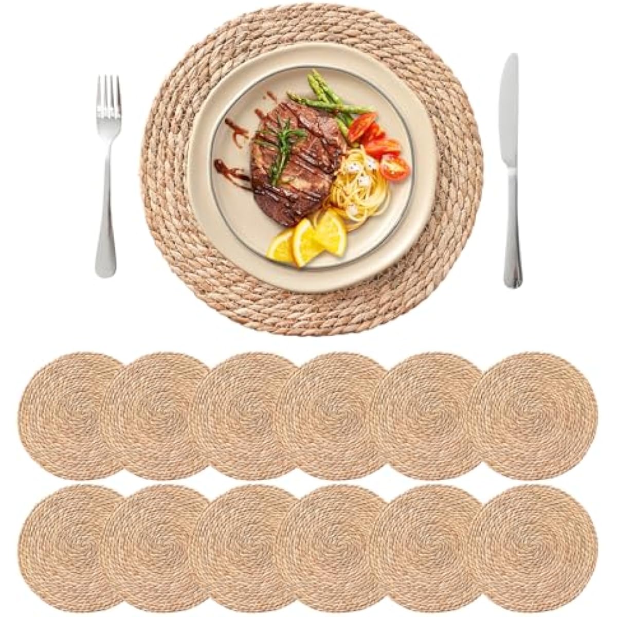 13.8'' Round Woven Placemats Set of 12, Boho Rattan Chargers for Dinner Plates, Rustic Wicker Place Mats, Straw Braided Table Placemats, for Dining Table Decor, Wedding, Farmhouse and Outdoor