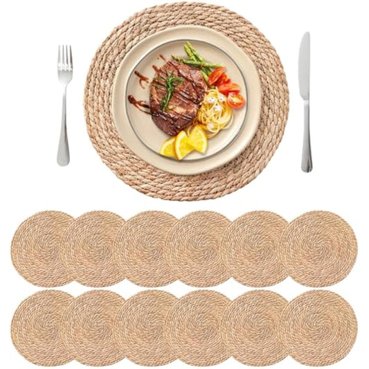 13.8'' Round Woven Placemats Set of 12, Boho Rattan Chargers for Dinner Plates, Rustic Wicker Place Mats, Straw Braided Table Placemats, for Dining Table Decor, Wedding, Farmhouse and Outdoor