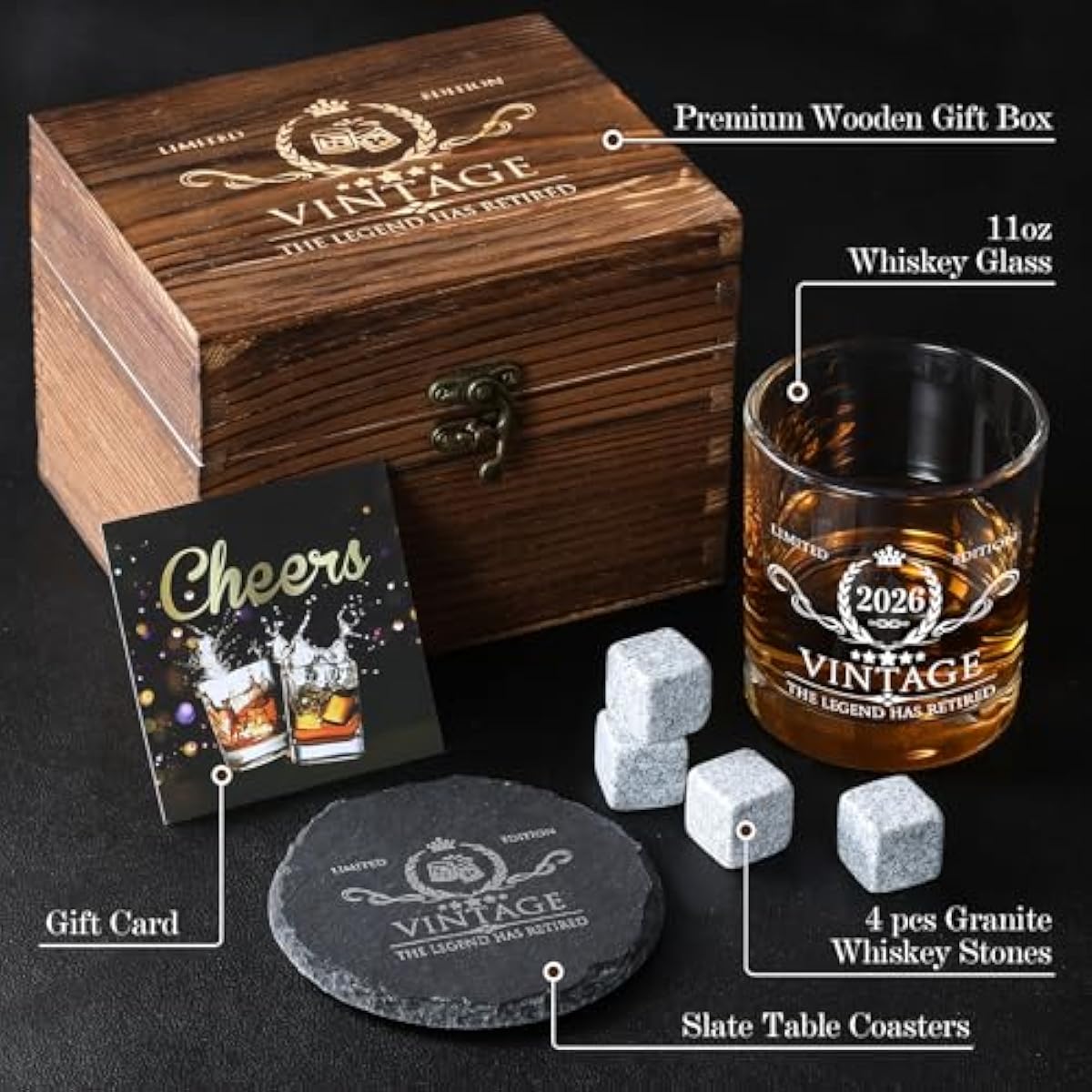 Retirement Gifts for Men Whiskey Glass Set - The Legend Has Retired 2026 - Retirement Party Decorations, Supplies - Gifts Ideas for Him, Dad, Husband, Friends - Wood Box & Whiskey Stones & Coaster