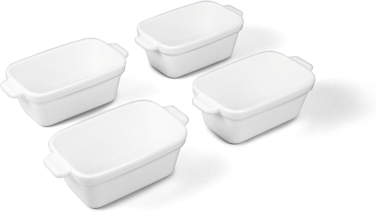 Souper Cubes Stoneware 2.0-5" x 5" Baking Dishes for Oven, Made in USA, Premium Mini Ceramic Baking Dishes with Silicone Covers for Individual Portions, Set of 2 - White