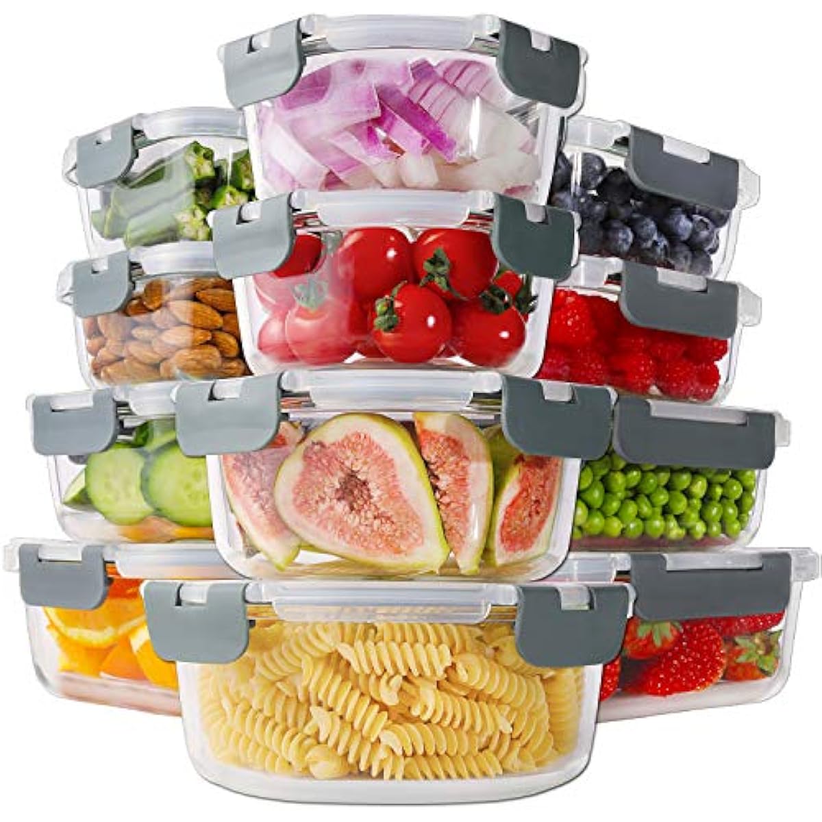 HOMBERKING 24pc Borosilicate Glass Food Storage Containers with Snap Locking Lids, Glass Meal Prep Containers, Airtight Lunch Boxes, Oven, Freezer and Dishwasher Safe, BPA Free, Kitchen Storage Set