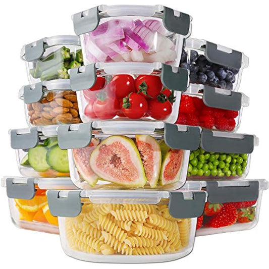 HOMBERKING 24pc Borosilicate Glass Food Storage Containers with Snap Locking Lids, Glass Meal Prep Containers, Airtight Lunch Boxes, Oven, Freezer and Dishwasher Safe, BPA Free, Kitchen Storage Set