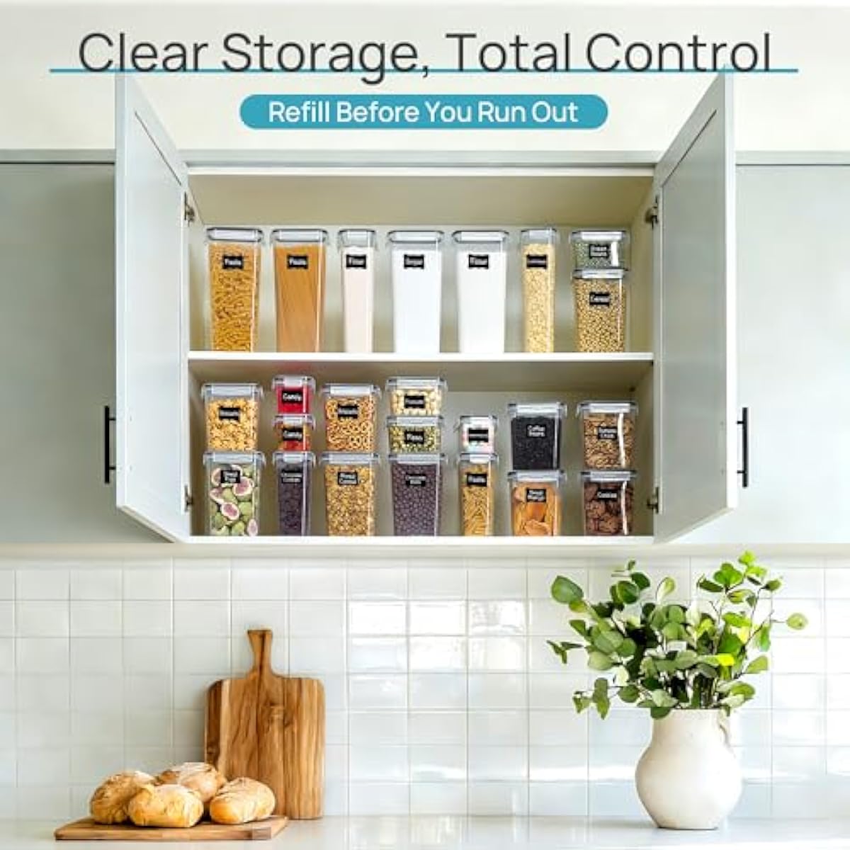 Airtight Food Storage Containers with Lids, Vtopmart 24 pcs Plastic Kitchen and Pantry Organization Canisters for Cereal, Dry Food, Flour and Sugar, BPA Free, Includes 24 Labels，Black