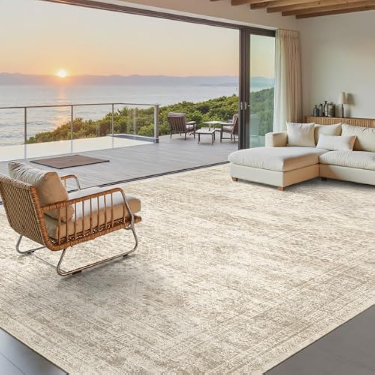 Washable Area Rug 8x10, Large Soft Rugs for Living Room Vintage Beige Carpet 8x10 Area Rugs for Bedroom Dining Room Non-Slip Stain Resistant Under Table Rug