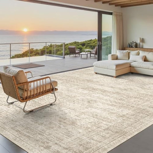 Washable Area Rug 8x10, Large Soft Rugs for Living Room Vintage Beige Carpet 8x10 Area Rugs for Bedroom Dining Room Non-Slip Stain Resistant Under Table Rug