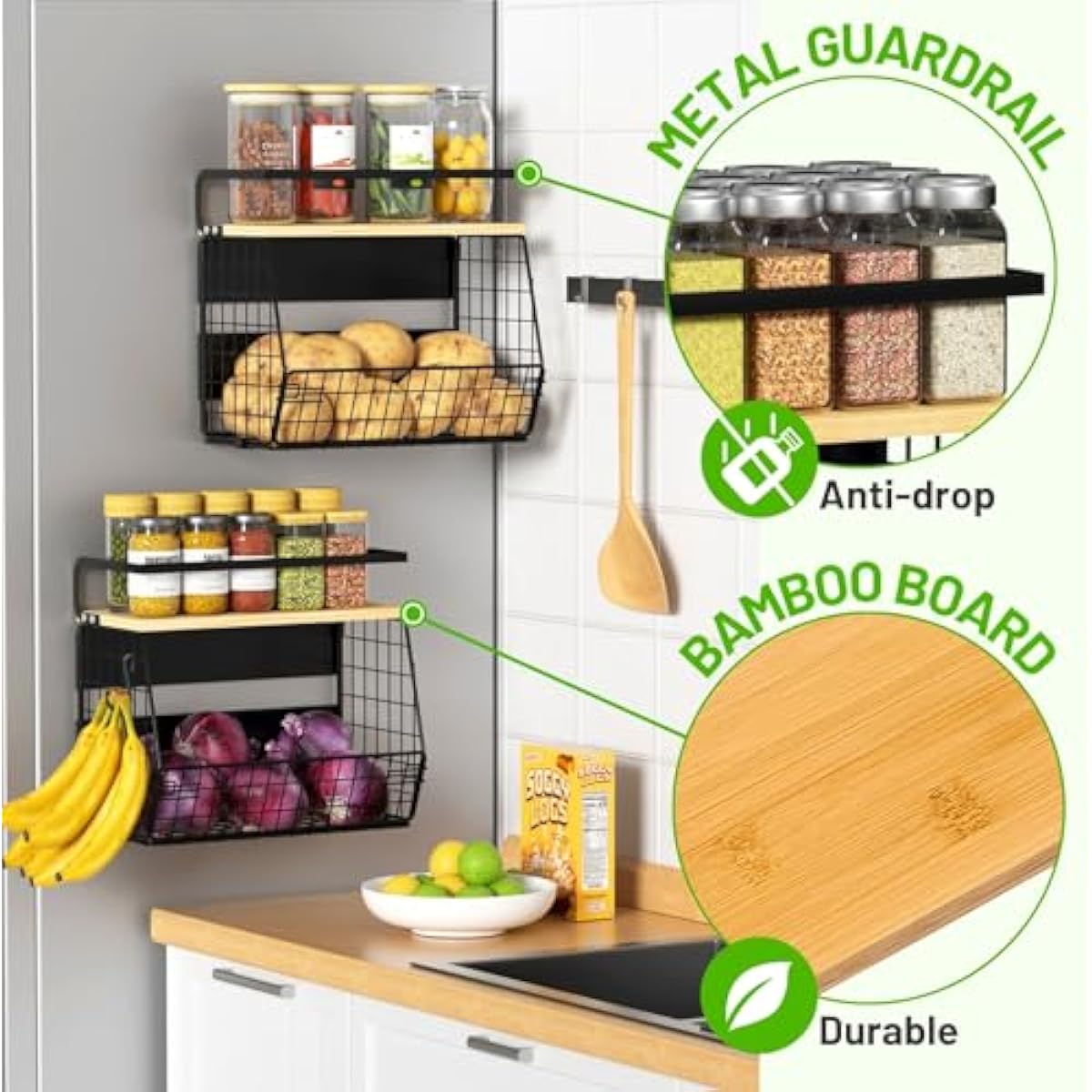 Ofiray-home Magnetic Shelf for Fridge with Wood Lid, Fruit Potato and Onion Storage Bins, Pantry Organizers & Storage, Large Container Magnetic Spice Rack for Refrigerator, Kitchen Counter, Cabinet