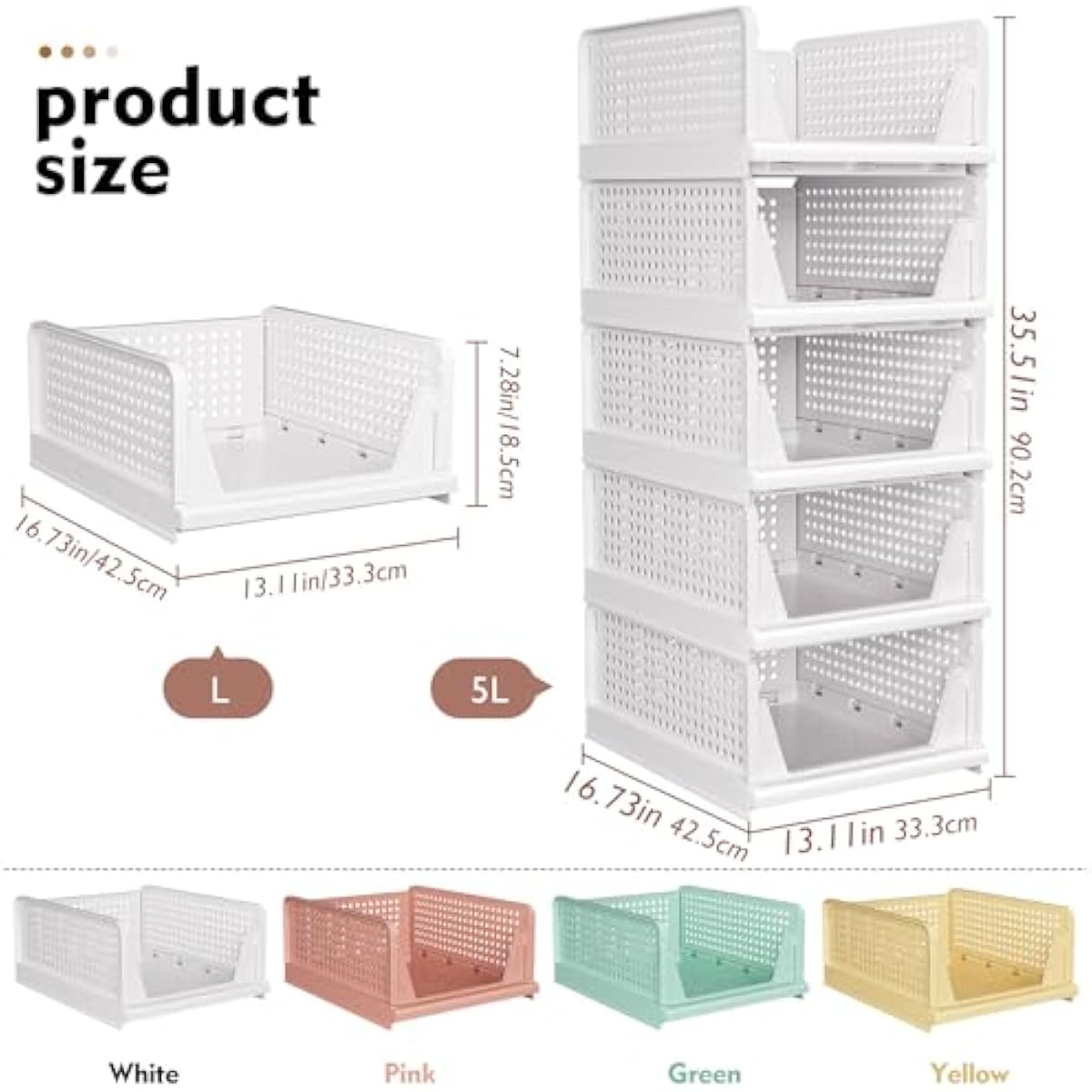 SNSLXH 5 Pack Stackable Closet Storage Basket, Multifunctional & Foldable Closet Organizer for Bathroom Kitchen Laundry Room Wardrobe Storage, Space-Saving Clothes Storage Drawer Organizer, White