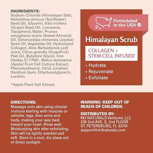 Himalayan Salt Scrub, Face, Foot, and Body Exfoliator with Collagen and Stem Cells, Exfoliating Scrub for Toning, Cellulite, and Skin Care by M3 16 fl oz