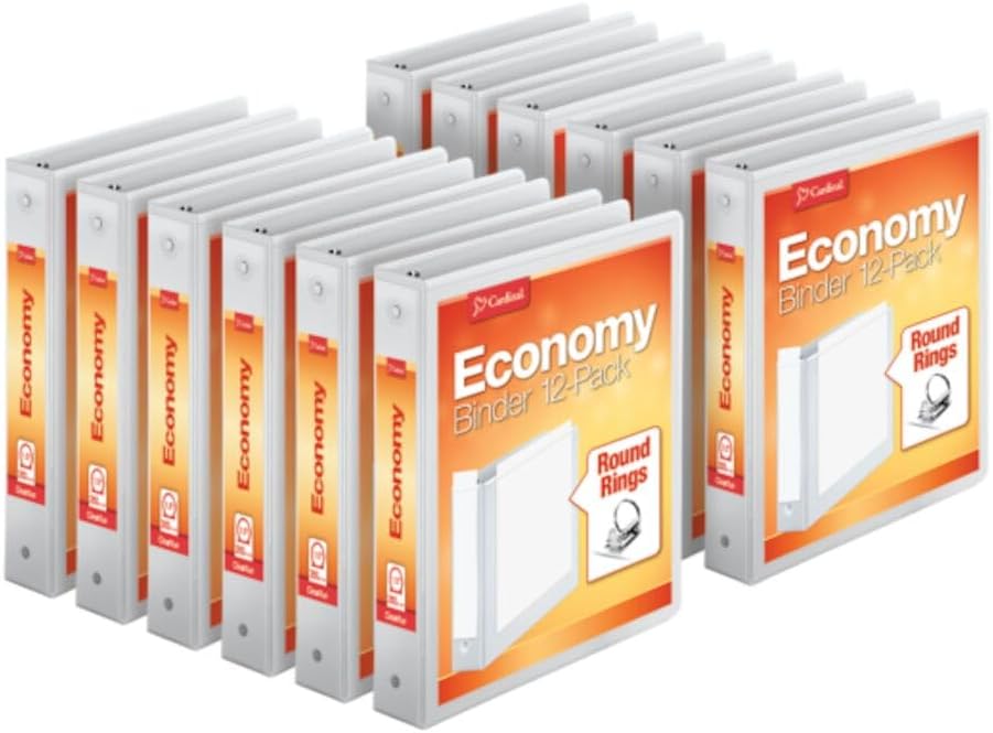 Cardinal Economy 3-Ring Binders, 1", Round Rings, Holds 225 Sheets, ClearVue Presentation View, Non-Stick, White, Carton of 12 (90621)