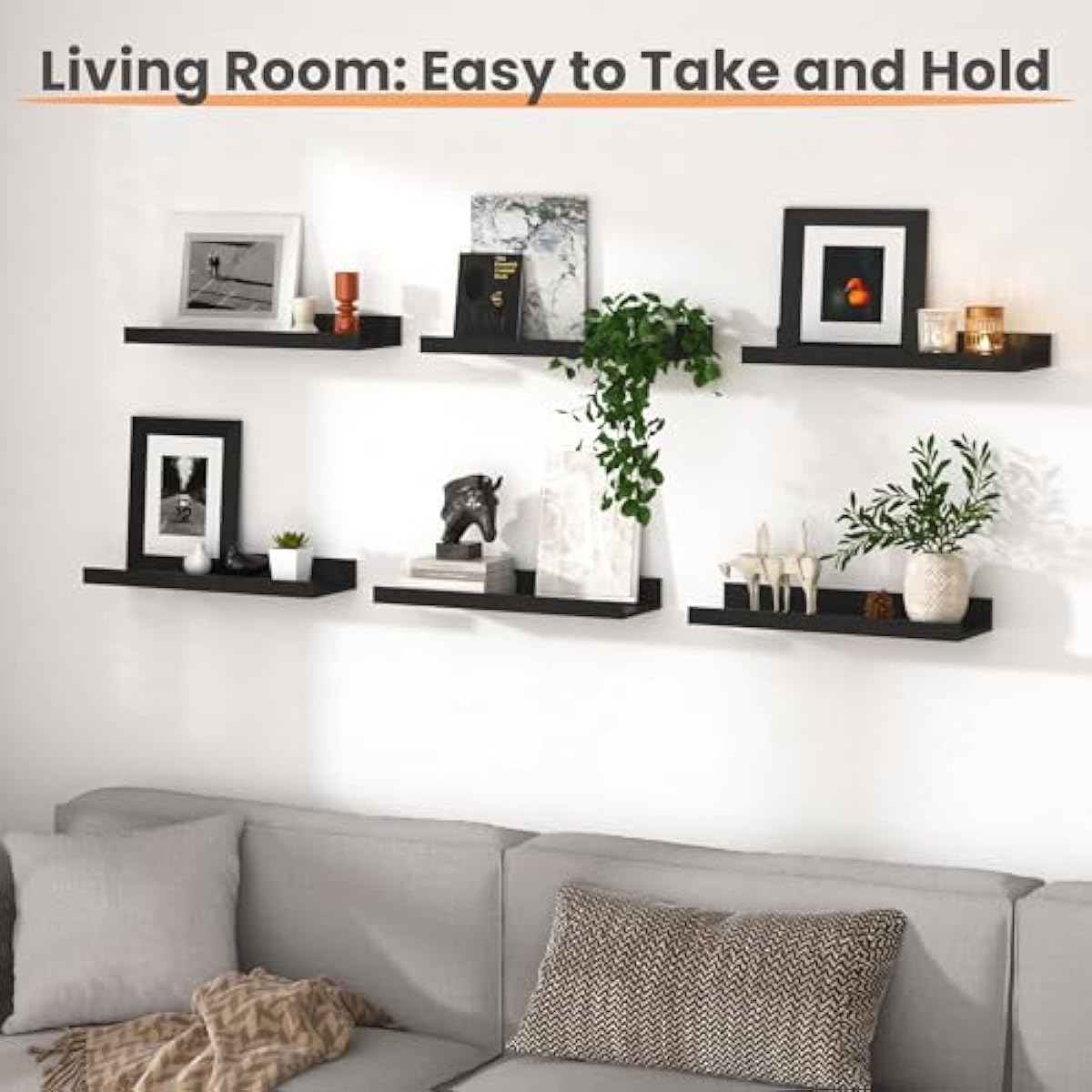 upsimples Floating Shelves for Wall, Wall Shelves for Decor Storage Set of 6, Wall Mounted Wood Shelf for Bedroom, Living Room, Bathroom, Kitchen, Picture Ledge Shelf, Black