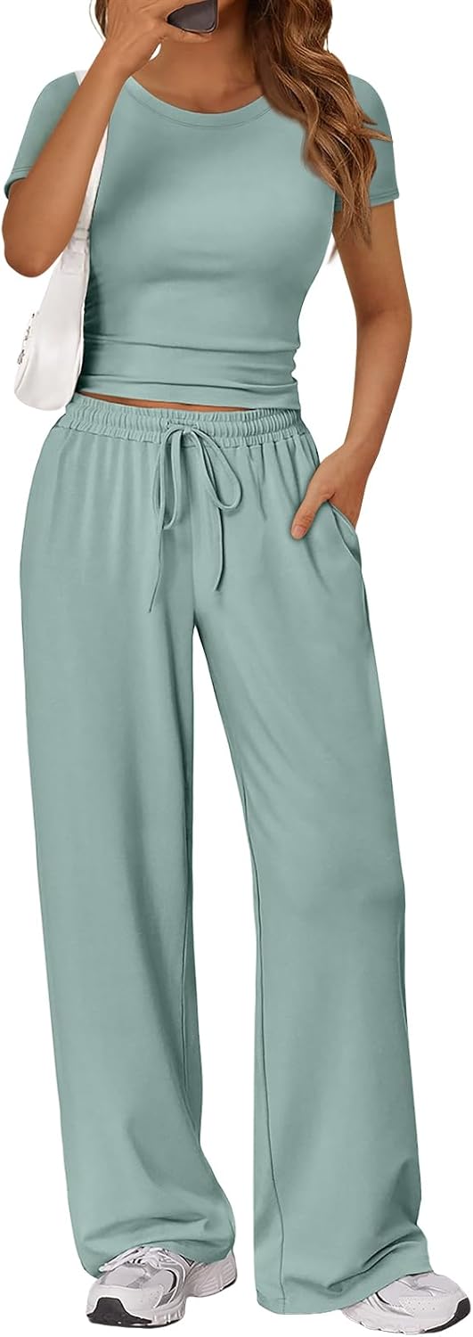 Trendy Queen 2 Piece Matching Summer Sweatsuit Lounge Set Womens Wide Leg Pants Side Ruching Crop Top Sets
