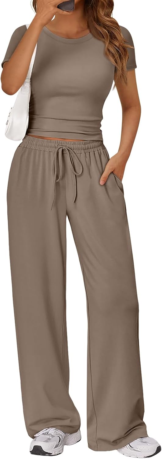 Trendy Queen 2 Piece Matching Summer Sweatsuit Lounge Set Womens Wide Leg Pants Side Ruching Crop Top Sets