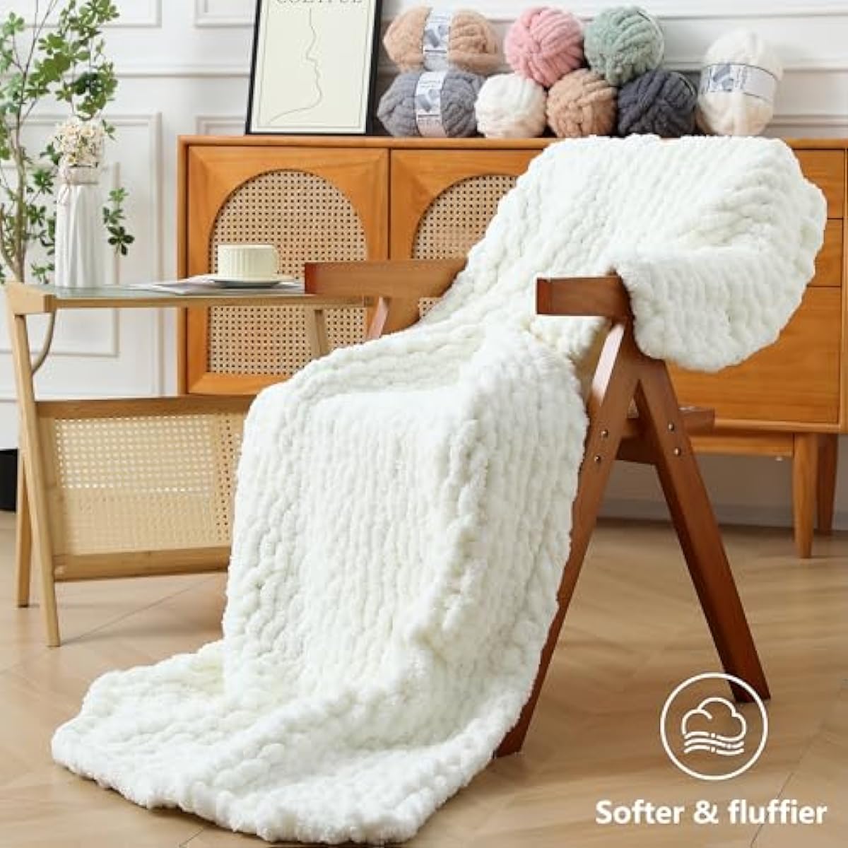 Chunky Yarn for Hand Knitting - #10 Chunky Chenille Yarn, Jumbo Big Thick Chunky Yarns for Crocheting, Super Bulky Chunky Knit Blanket Yarns, 8 Skein (25 yds 8 oz Each Skein), Cream