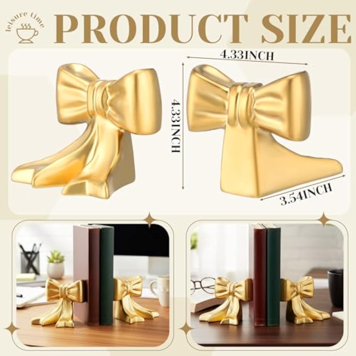 Leinuosen 2 Pcs Gold Bow Bookends Ceramic Cute Book Ends Decorative Book Stand Bow Sculpture Statues Tabletop Shelf Ornament Room Decor for Home Office School Dorm Girl Desk