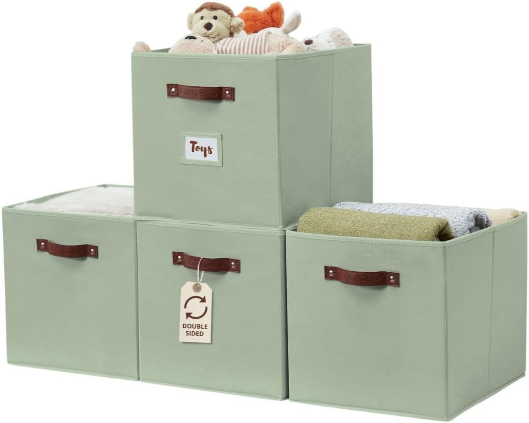 DECOMOMO Storage Bins, Cube Storage Bin with Labels, Fabric Storage Cubes for Shelves (10.5" x 11" / 6pcs, Beige)