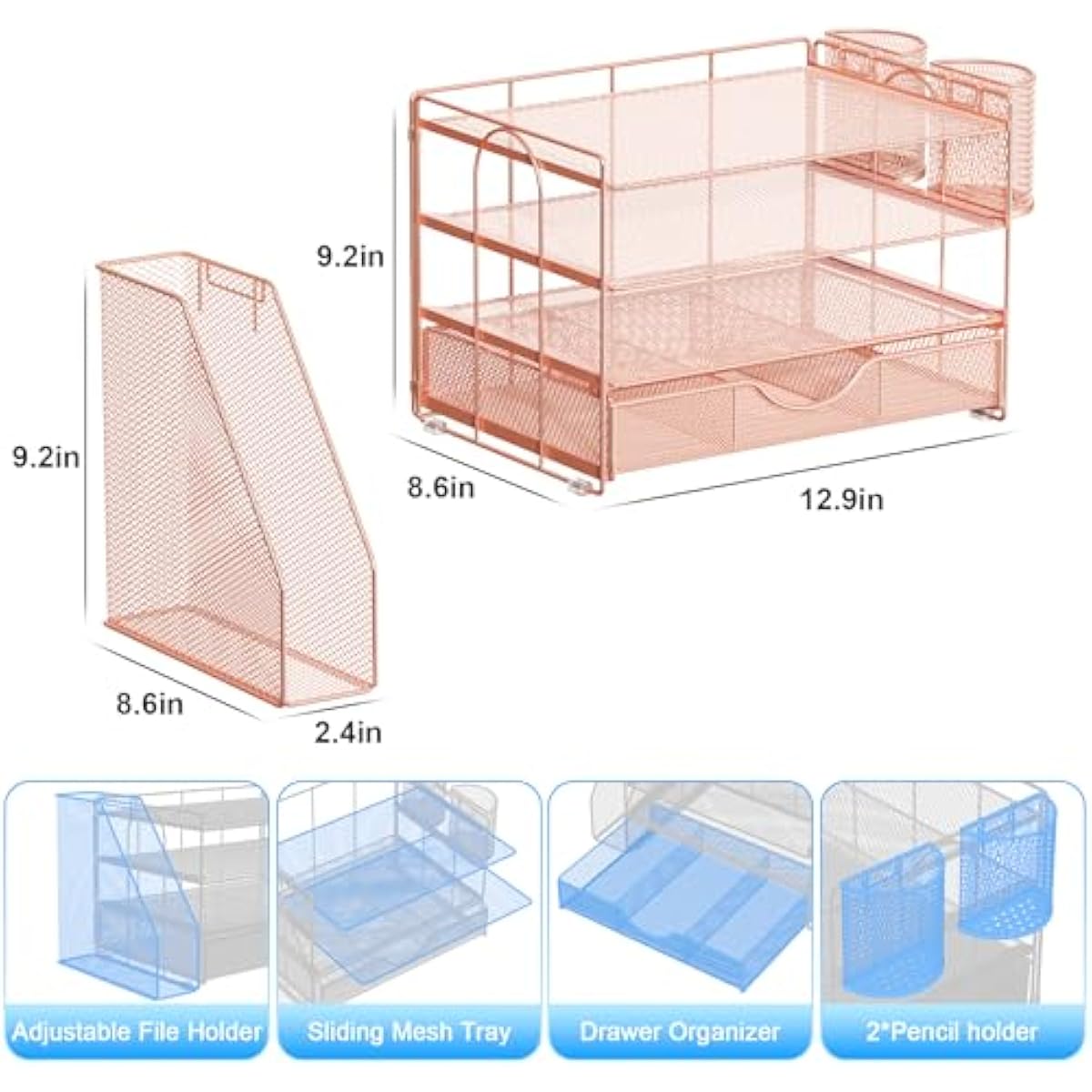gianotter Desk Organizers and Accessories with File Holder, 4-Tier Desk Accessories & Workspace Organizers with Drawer and 2 Pen Holder, Paper Organizer for Office Supplies (Rose Gold)