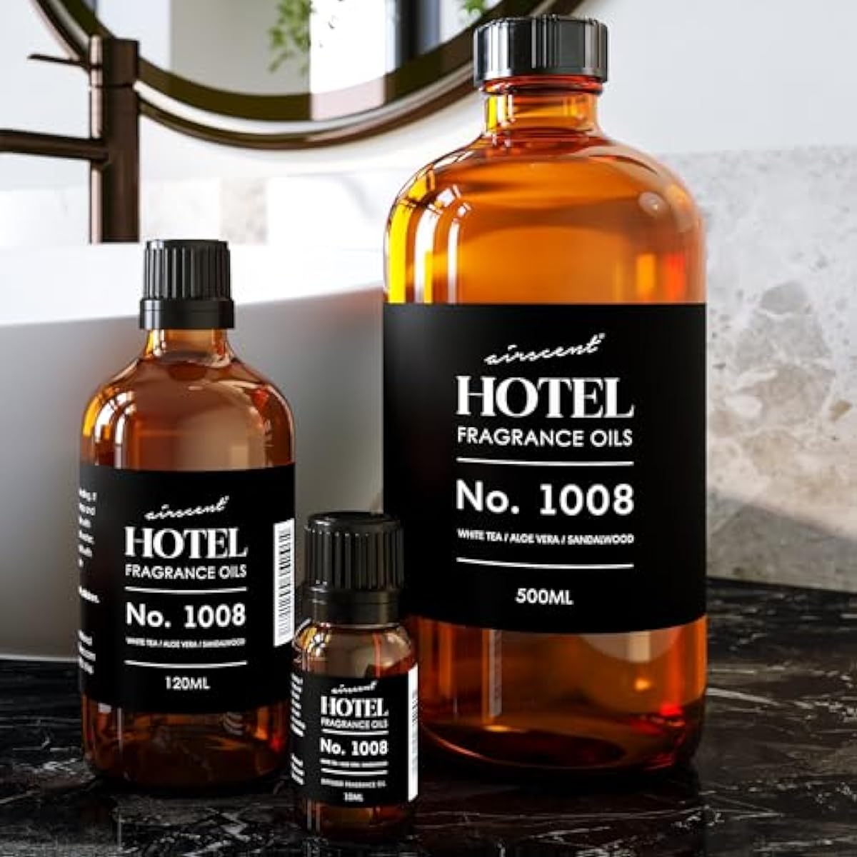 AirScent Hotel Diffuser Oil No. 1008 - White Tea, Aloe Vera & Sandalwood - Hotel Scent Dupe - Premium Fragrance Oil for Ultrasonic and Waterless Diffusers and Crafting - 120 mL, 4 fl oz Glass Bottle