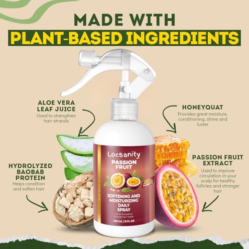 Locsanity Loc Spray Daily Moisturizing Refreshing Spray for Dreadlocks, Locs, Sisterlocks - Passion Fruit Hair and Scalp Moisturizer for Dry Locs, Braids - Lightweight Plant-Based Care (8 fl oz)