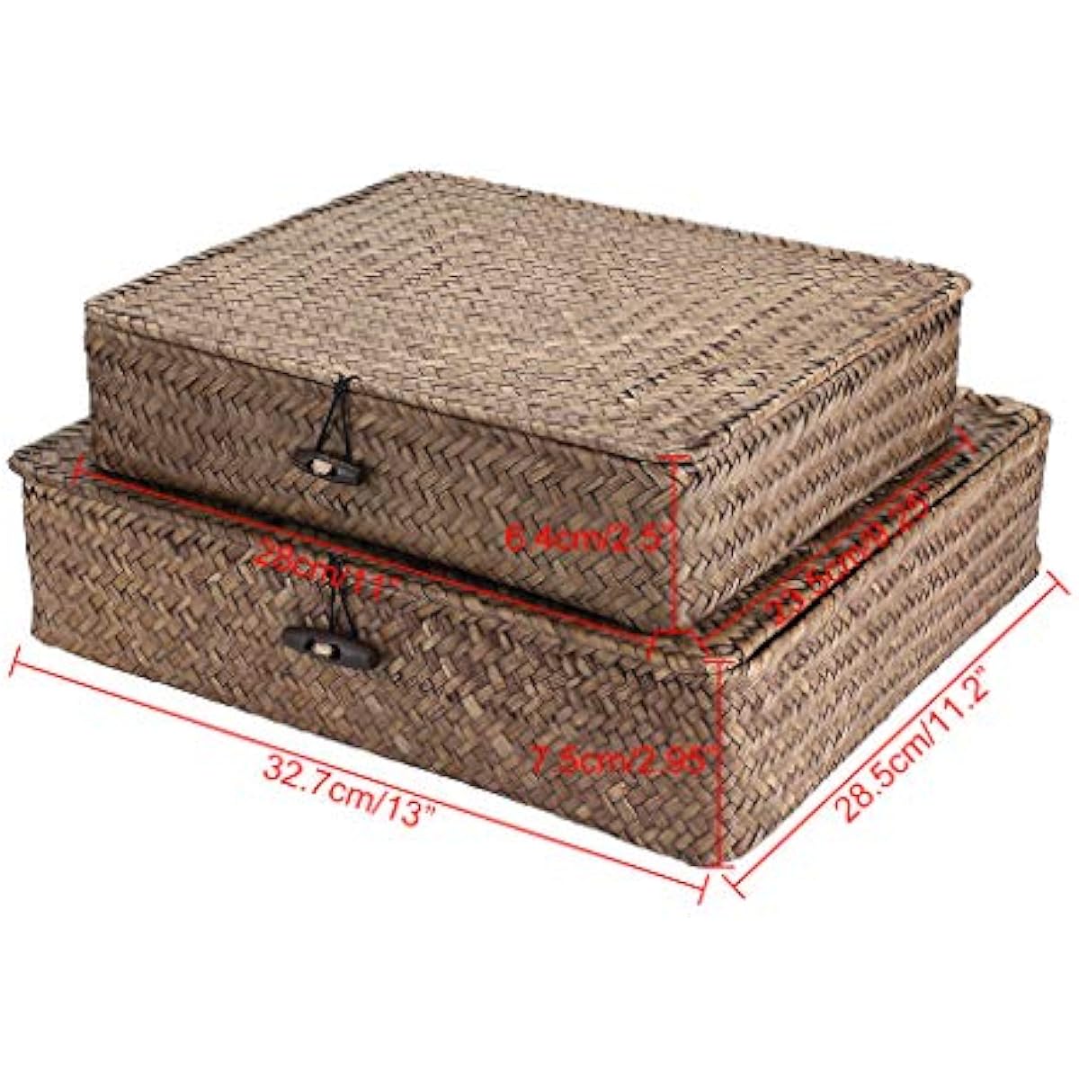 Hipiwe Set of 2 Flat Woven Wicker Storage Bins with Lid Natural Seagrass Basket Multipurpose Home Boxes for Shelf Organizer (Coffee)