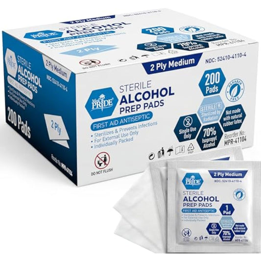 MED PRIDE Sterile Alcohol Prep Pads, Antiseptic, 70% Isopropyl, Individually Wrapped, Medical Grade 2 Ply Wipes (200 Count (Pack of 1) White)