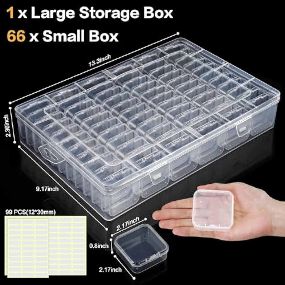 DILIBRA Large Bead Organizer Box, 66 Pcs Small Clear Storage Containers with Labels, Mini Bead Organizers and Storage Craft Case with Handle for Jewelry Bracelet Screws Seeds Diamonds Arts Small Parts