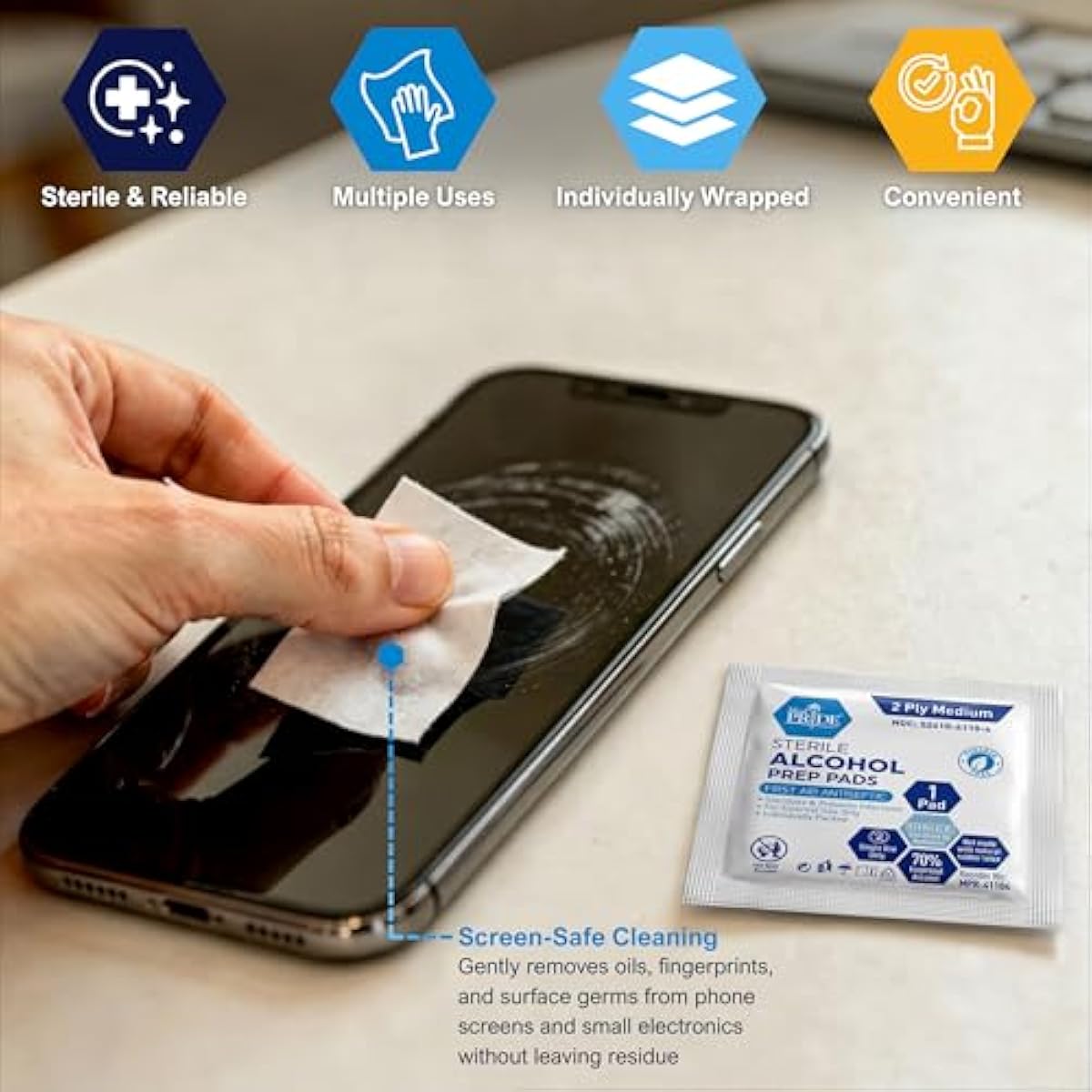 MED PRIDE Sterile Alcohol Prep Pads, Antiseptic, 70% Isopropyl, Individually Wrapped, Medical Grade 2 Ply Wipes (200 Count (Pack of 1) White)