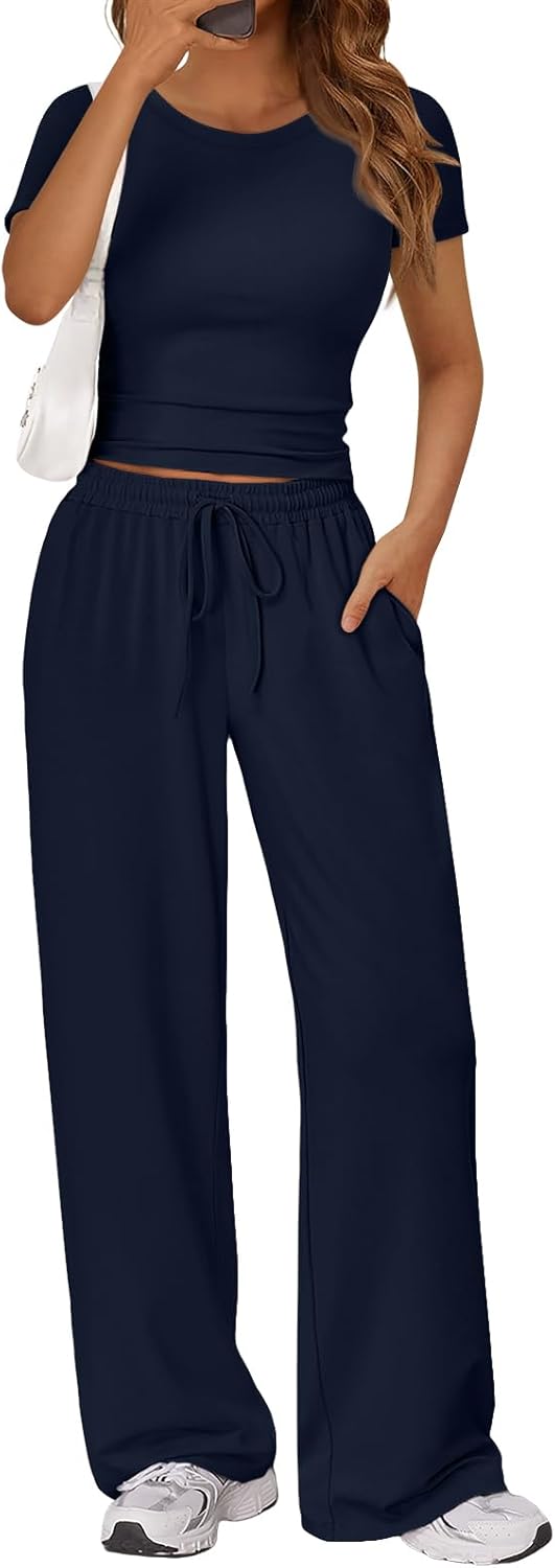 Trendy Queen 2 Piece Matching Summer Sweatsuit Lounge Set Womens Wide Leg Pants Side Ruching Crop Top Sets
