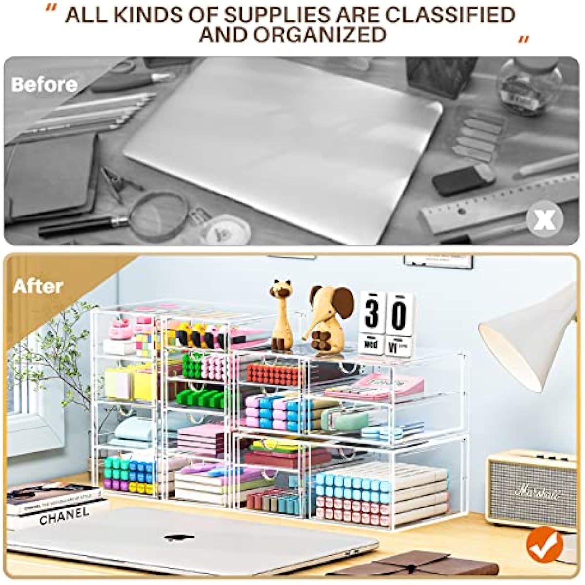 Makeup Organizer Storage with 16 Drawers, 4 Pcs Desktop Office Supplies, Desk Organizers, Clear Accessories, Dustproof Storage Drawer and for Make Up, Jewelry, Pen, Stationary