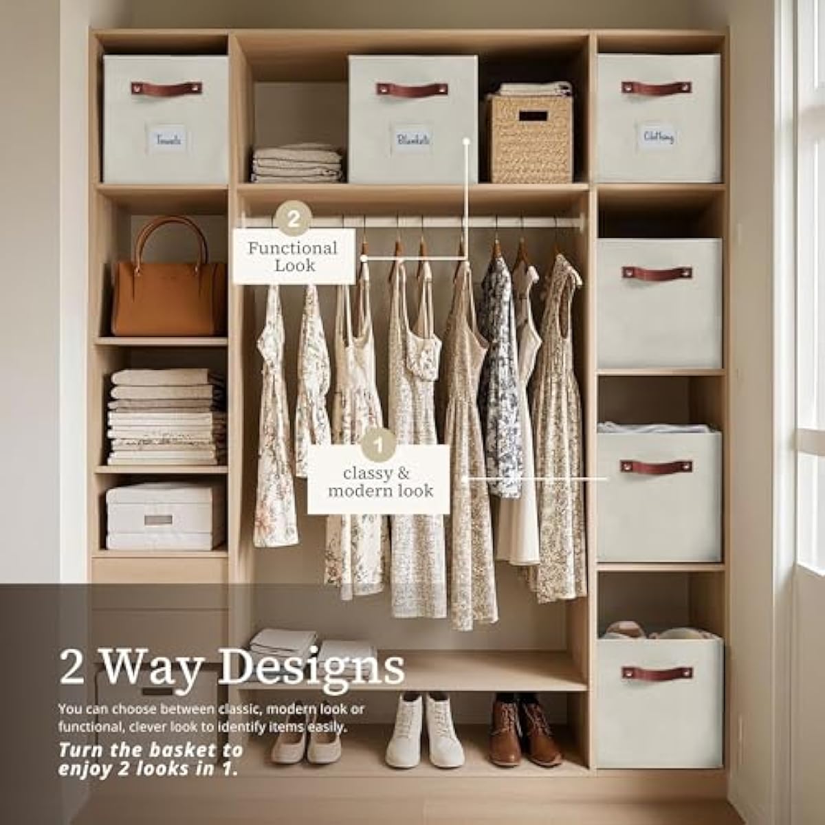 DECOMOMO Storage Bins, Cube Storage Bin with Labels, Fabric Storage Cubes for Shelves (10.5" x 11" / 6pcs, Beige)