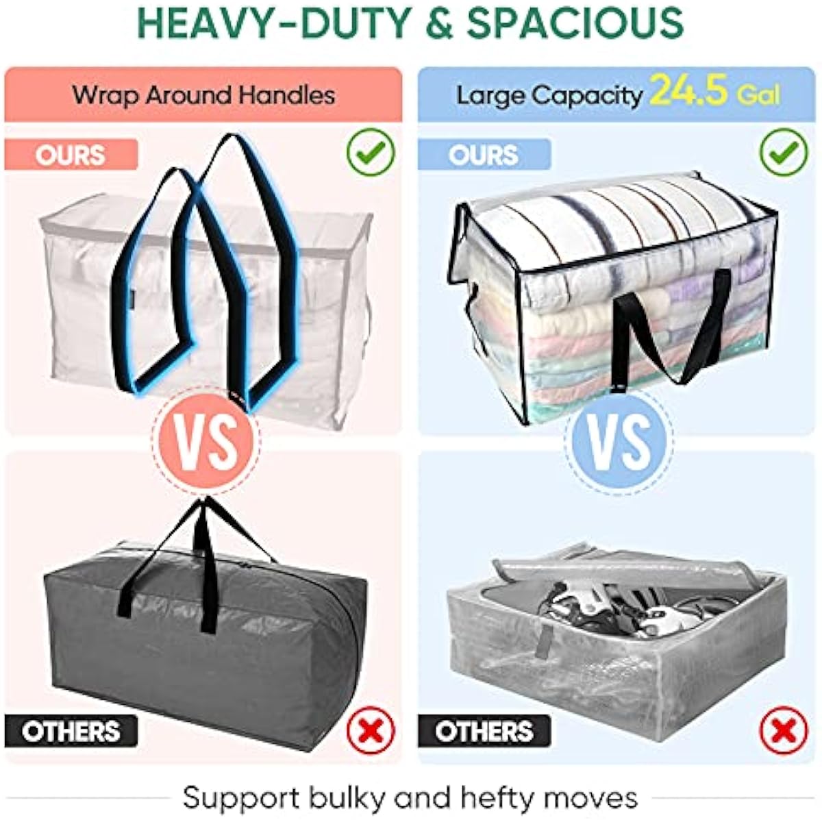 BALEINE 6-Pack Oversized Moving Bags with Reinforced Handles, Heavy-Duty Storage Tote for Clothes, Moving Supplies (Clear, 6-Pack)