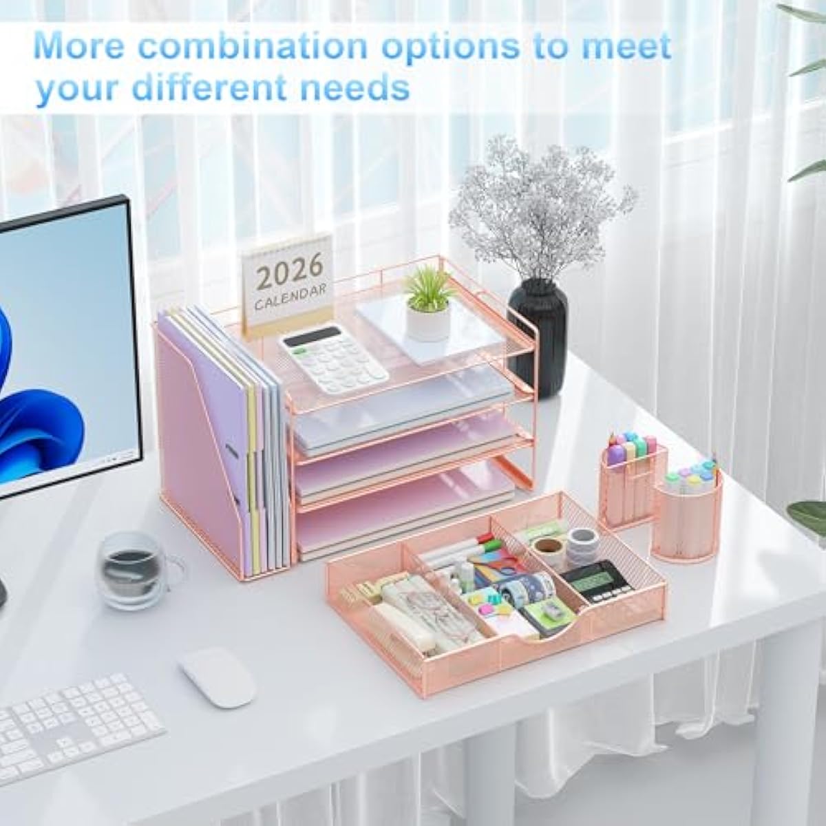 gianotter Desk Organizers and Accessories with File Holder, 4-Tier Desk Accessories & Workspace Organizers with Drawer and 2 Pen Holder, Paper Organizer for Office Supplies (Rose Gold)