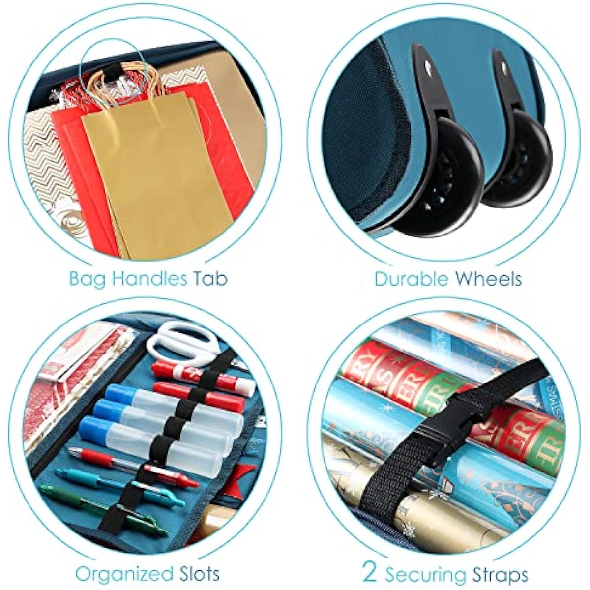 Hearth & Harbor Wrapping Paper Storage Container with Ribbon Dispenser and Interior Pockets - Large Christmas Storage Containers with Wheels, Fits 30 Rolls of 40" Length, Blue