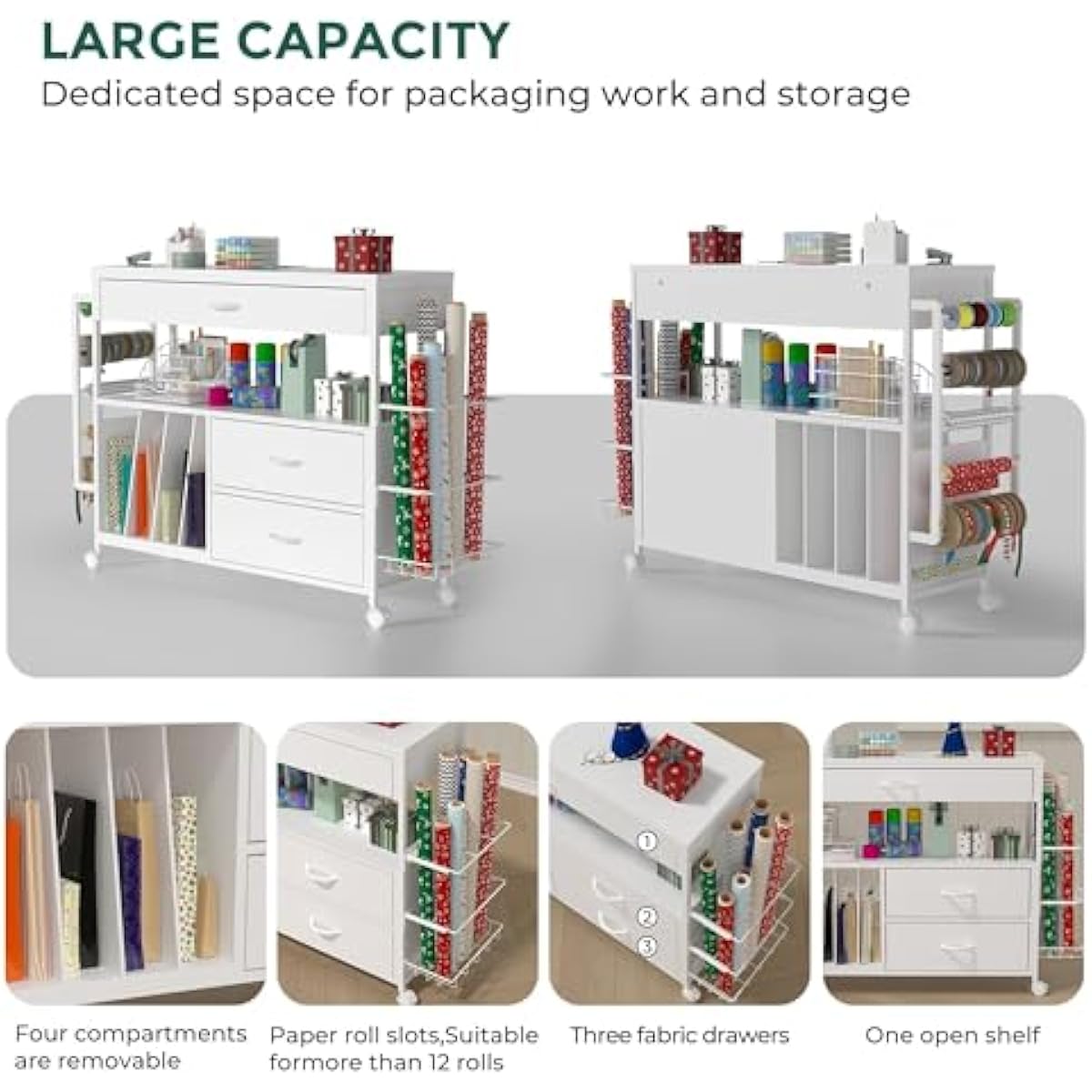 Wrapping Paper Storage & Organizer, Craft Cart with Ribbon & Gift Bag Storage, Wrapping Paper Organizer Holder(3 Wooden Drawers-White)