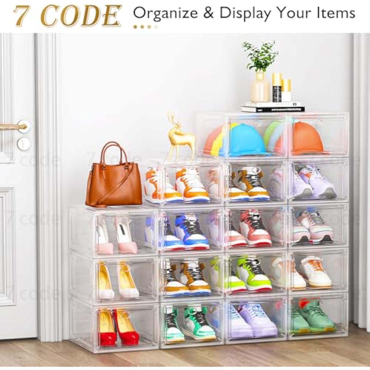 Thickened Clear Shoe Storage Organizer with Magnetic Door, Sturdy Stackable Shoe Boxes for Closet, Collapsible Space-Saving Shoe Rack for Sneakers & Boots, Plastic Shoe Cabinet Box Set, 6 Pack, White
