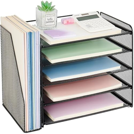 OPNICE Desk Organizer, 5-Tier Paper Organizer Letter Tray with Magazine Holder, Office Desk Accessories & Workspace Organizers, Desktop File Organizer for Office Supplies Storage, Black