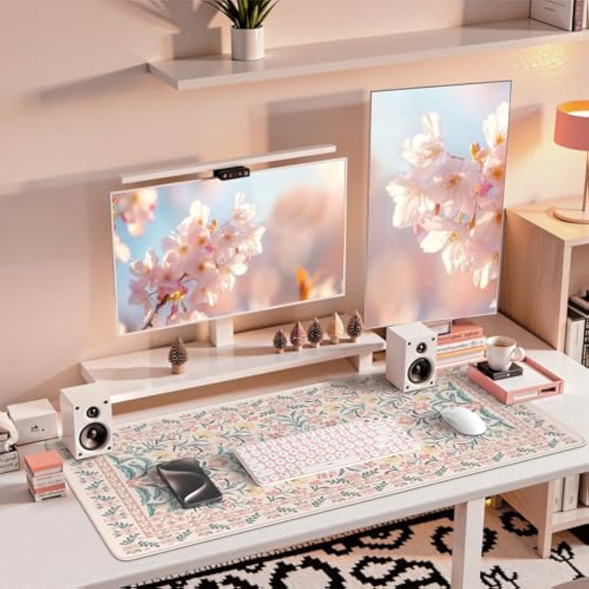 iCasso Pink Floral Desk Mat, Desk Pad, XXL Large Mouse Pad, Anti-Slip Big Mousepad with Stitched Edges, Computer Mouse Pads for Desktop Decor, Cute Office Desk Accessories for Women(Pink)